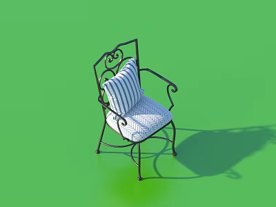 Outdoor Leisure Chair With Black Metal Frame And Blue White Striped Cushion 3d model