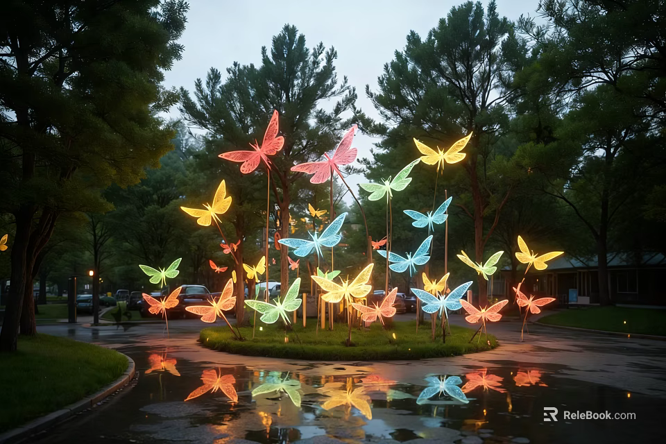 Colorful Butterfly Shaped Landscape Sculpture Illuminated At Night With Surrounding Trees And Reflections In Puddles 3d model 