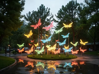 Colorful Butterfly Shaped Landscape Sculpture Illuminated At Night With Surrounding Trees And Reflections In Puddles 3d model