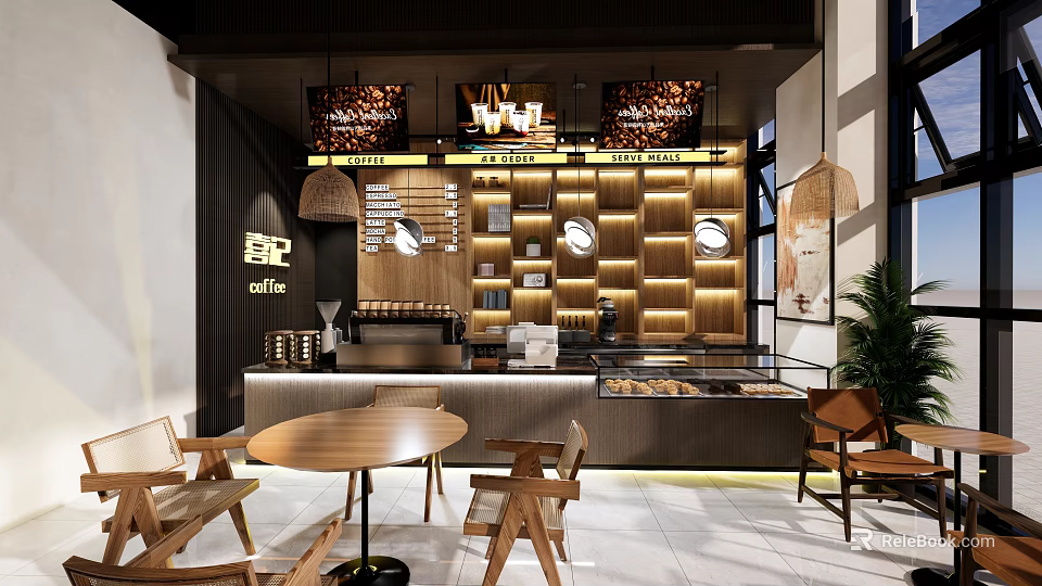 Modern Café Interior Design With Wooden Decor Bar Counter Pendant Lights And Round Tables 3d model 