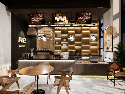 Modern Café Interior Design With Wooden Decor Bar Counter Pendant Lights And Round Tables 3d model