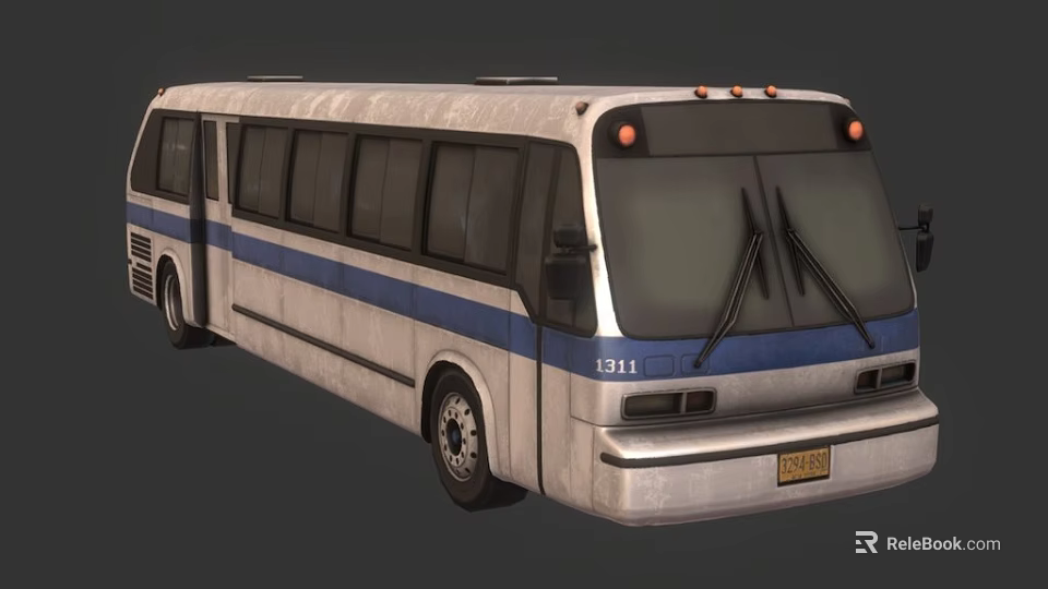 Silver Public Bus With Blue Stripe Front Number 191 Windshield And Wheels 3d model