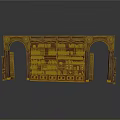 Brown Wooden Bookshelf With Arched Decorations Multiple Shelves Books And Symmetrical Side Doors