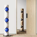 Creative Sculpture Carving Featuring White Spiral Column Blue Spheres Brown Wooden Background And Metallic Balls