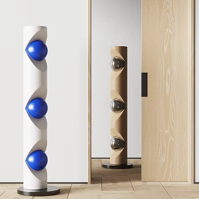 Creative Sculpture Carving Featuring White Spiral Column Blue Spheres Brown Wooden Background And Metallic Balls 3d model