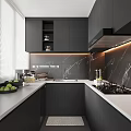 Modern Kitchen Interior With Dark Gray Cabinets White Countertops Marble Backsplash And LED Lighting