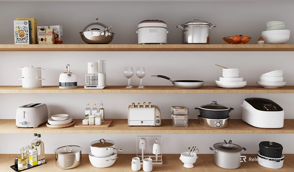 Neat Kitchenware Display On Wooden Shelves With Pots Rice Cookers Plates And Glasses 3d model 