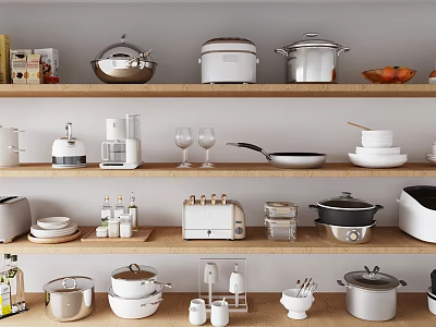 Neat Kitchenware Display On Wooden Shelves With Pots Rice Cookers Plates And Glasses 3d model