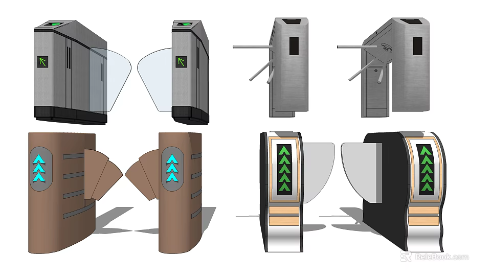 Public Facility Various Turnstile Gate Designs With Metal Brown And Arrow Indicators 3d model 