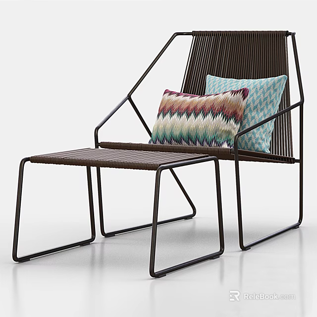 Modern Leisure Chair with Metal Frame Woven Design Ottoman and Colorful Patterned Cushions 3d model 