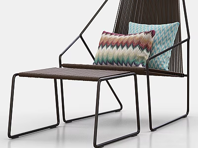 Modern Leisure Chair with Metal Frame Woven Design Ottoman and Colorful Patterned Cushions 3d model