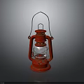 Vintage Red Kerosene Lamp With Metal Frame And Glass Shade On Dark Background