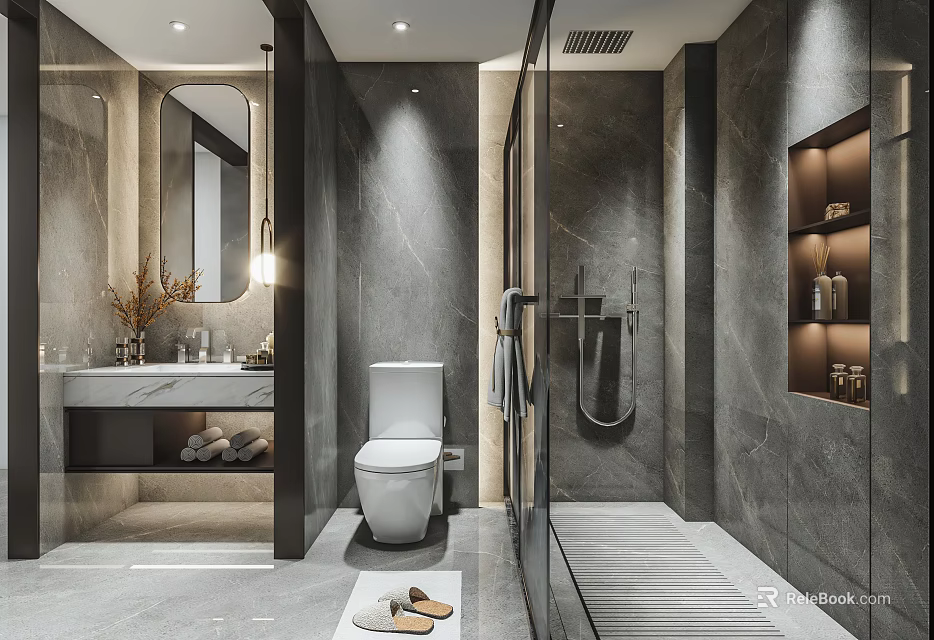 Modern Bathroom Interior With Gray Marble Walls White Toilet Glass Shower And Marble Vanity 3d model 