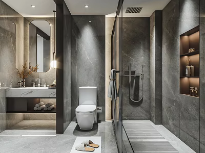 Modern Bathroom Interior With Gray Marble Walls White Toilet Glass Shower And Marble Vanity 3d model