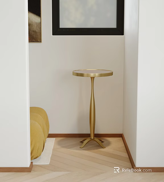 Modern Gold Metal Side Table With Round Top In Bedroom Corner And Yellow Sofa 3d model 