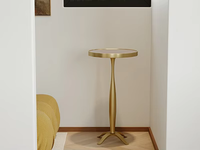 Modern Gold Metal Side Table With Round Top In Bedroom Corner And Yellow Sofa 3d model