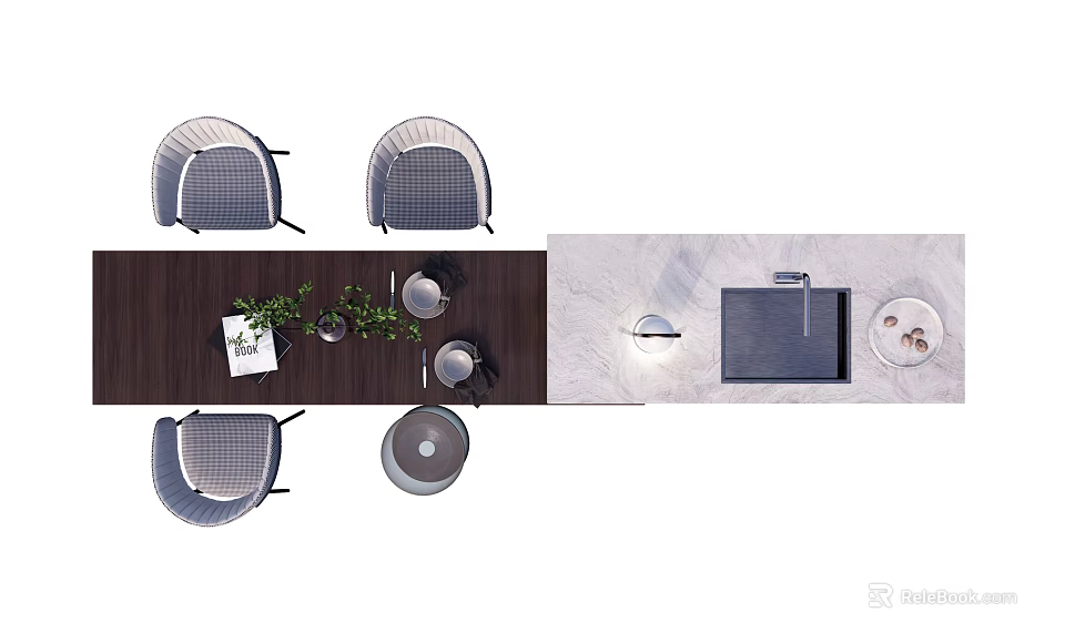 Modern Dining Table Set With Gray Chairs Wooden Top And Decorative Plants Plates 3d model 