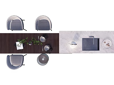 Modern Dining Table Set With Gray Chairs Wooden Top And Decorative Plants Plates 3d model