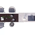 Modern Dining Table Set With Gray Chairs Wooden Top And Decorative Plants Plates