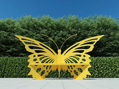 Yellow Butterfly Shaped Landscape Seat With Lush Green Bushes And Blue Sky 3d model