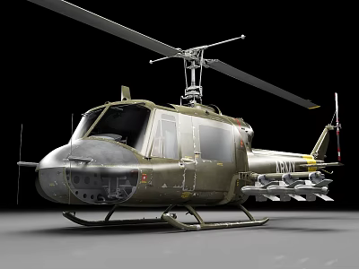 Olive Green Military Helicopter With Rotor System And Rocket Pod Attachments 3d model
