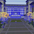 Traditional School Building With Symmetric Design Arched Doorways And Open Square With Trees