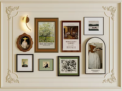 White Wall Framed Art Collection With Vintage Pictures Various Styles And Decorative Border 3d model