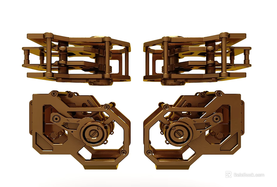 Four Brown Metallic Mechanical Components With Geared Frames And Assembled Units 3d model 