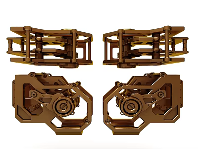 Four Brown Metallic Mechanical Components With Geared Frames And Assembled Units 3d model
