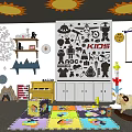 Kids Playroom With Sun Decorations Tree Decal Robot Stickers Climbing Frame Rocking Horse And Mat