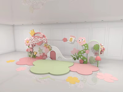Pink Indoor Children's Playground With Flower Shapes Slide And Cartoon Decorations 3d model