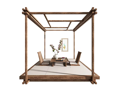 Wooden Garden Gazebo with Relaxing Chairs Table Vase Flowers and Wall Art 3d model