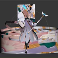 Fantasy Female Character And Magical Creature With Staff Standing On Colorful Platform
