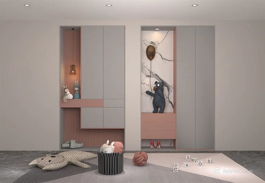 Modern Gray Pink Shoe Cabinet Interior With Storage And Decorative Elements 3d model 