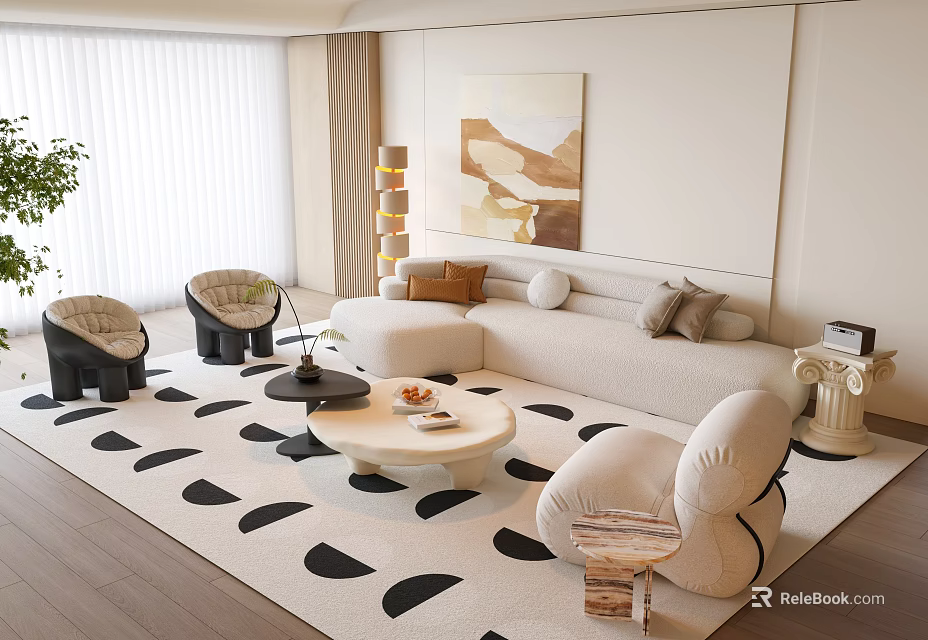 Modern Living Room Interior With L-shaped Sofa Geometric Rug Coffee Table Chairs And Floor Lamp 3d model 
