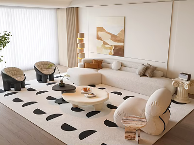 Modern Living Room Interior With L-shaped Sofa Geometric Rug Coffee Table Chairs And Floor Lamp 3d model