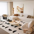 Modern Living Room Interior With L-shaped Sofa Geometric Rug Coffee Table Chairs And Floor Lamp