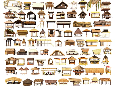 Collection Of Various Traditional And Modern Wooden Houses With Different Roof Designs 3d model