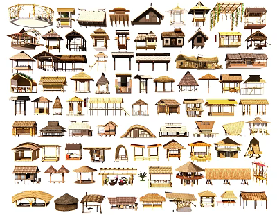 Collection Of Various Traditional And Modern Wooden Houses With Different Roof Designs 3d model