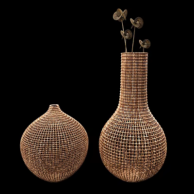 Woven Rattan Vases With Round And Tall Shapes Holding Decorative Flowers 3d model