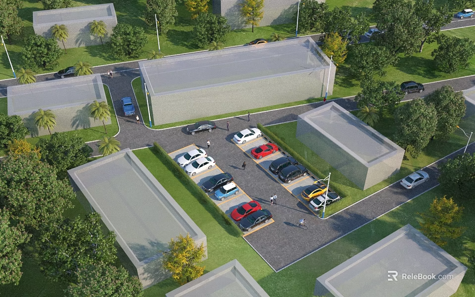 Scenic Park Landscape Aerial View With Green Trees Parking Lot Parked Cars And Buildings 3d model 