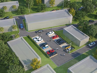 Scenic Park Landscape Aerial View With Green Trees Parking Lot Parked Cars And Buildings 3d model