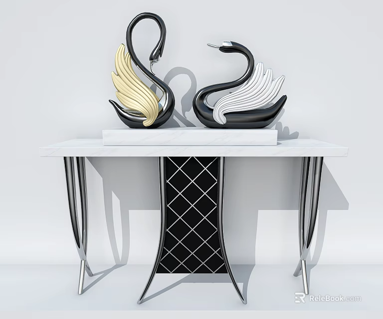 Elegant Console Table With Marble Top And Black White Swan Decorations 3d model 