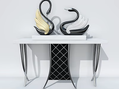 Elegant Console Table With Marble Top And Black White Swan Decorations 3d model