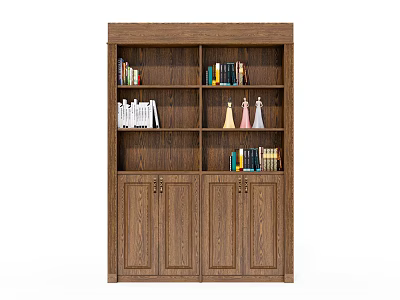 Wooden Bookcase With Multiple Shelves Holding Books And Decorative Figurines For Home 3d model