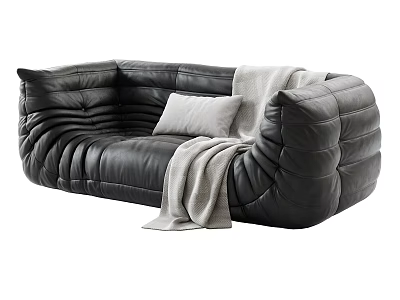 Stylish Black Leather Sectional Sofa With Pleated Design Light Gray Pillow And Throw Blanket 3d model