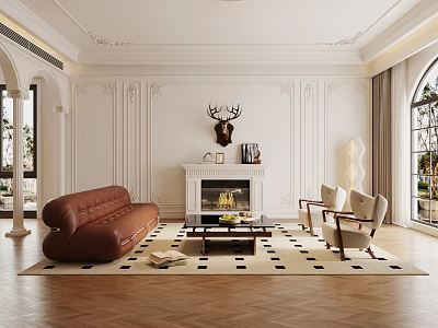 Modern Luxury Living Room With Brown Sofa Fireplace Deer Head Decor Black White Checkered Rug 3d model