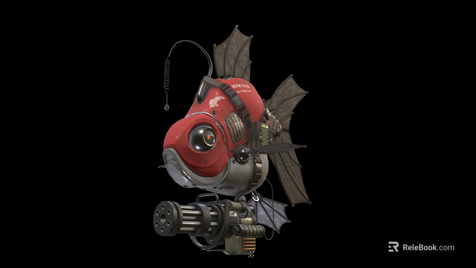 Futuristic Red Mechanical Fish With Robotic Components And Bat Like Fins 3d model 
