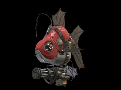Futuristic Red Mechanical Fish With Robotic Components And Bat Like Fins 3d model