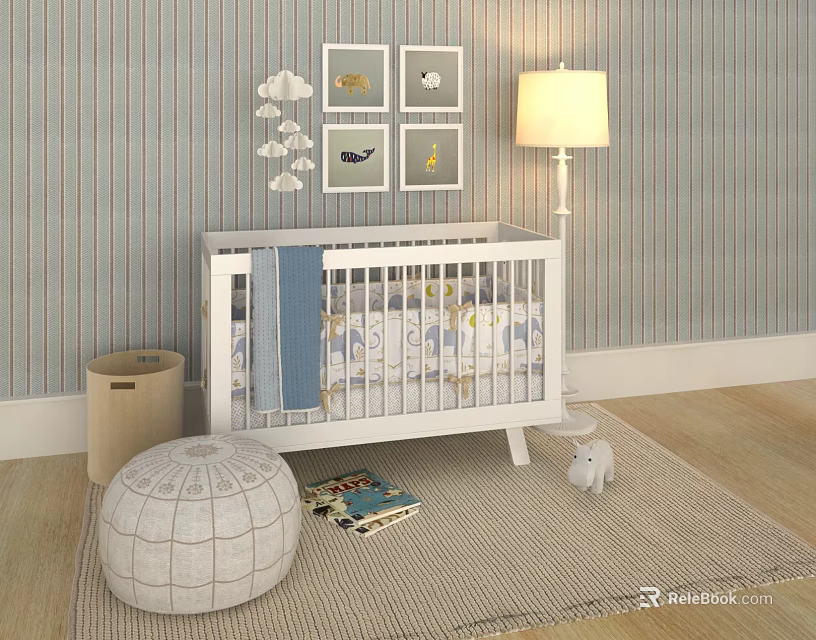 Cozy Baby Crib with Striped Wallpaper Cloud Decorations Wall Art Floor Lamp and Soft Rug 3d model 